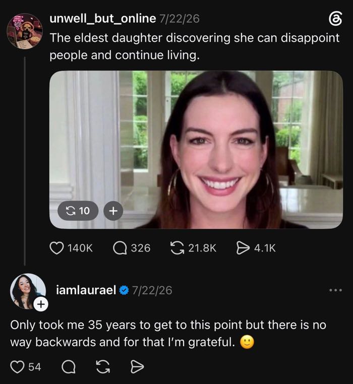 Threads reply: "Only took me 35 years to get to this point but there is no way backwards and for that I'm grateful," on an Unwell But Online post.