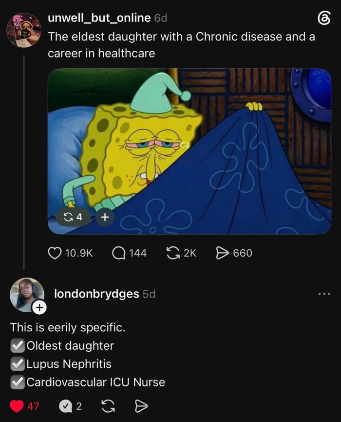 Threads comment from londonbrydges: "This is eerily specific," with a checklist, on an Unwell But Online post about chronic illness.